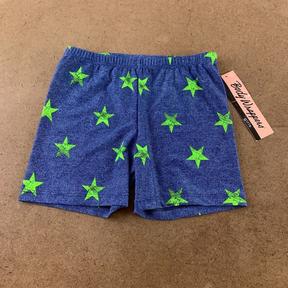 Body Wrappers Girls Size 8-10 Blue Green Star Printed Denim Look Dance Short NWT